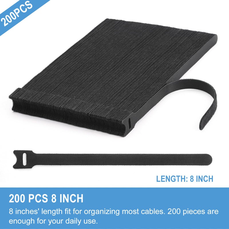 QTBLY 200 Pcs 8 Inches Reusable Cable Ties | Adjustable Cord Wraps, Cable Straps | Hook & Loop Cord Organizer, Cable Management - Image 2